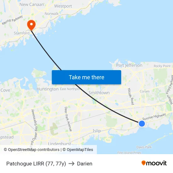 Patchogue LIRR (77, 77y) to Darien map