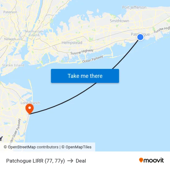 Patchogue LIRR (77, 77y) to Deal map