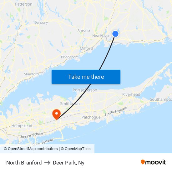 North Branford to Deer Park, Ny map