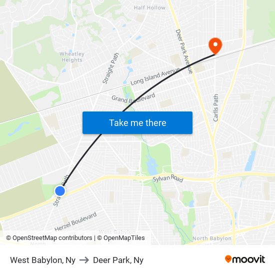 West Babylon, Ny to Deer Park, Ny map
