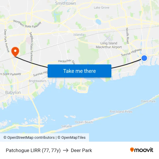 Patchogue LIRR (77, 77y) to Deer Park map