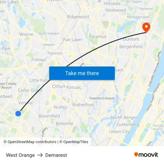 West Orange to Demarest map