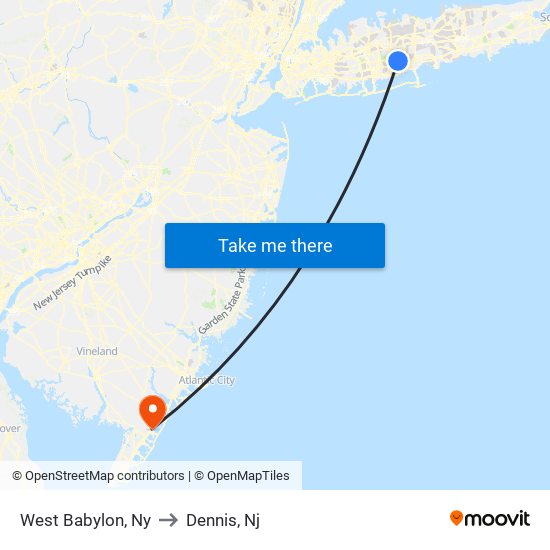 West Babylon, Ny to Dennis, Nj map