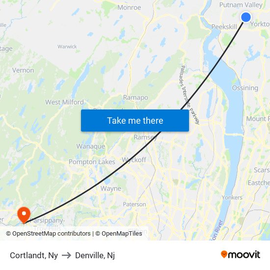 Cortlandt, Ny to Denville, Nj map