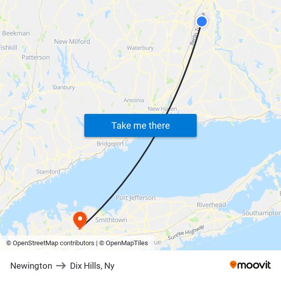 Newington to Dix Hills, Ny map