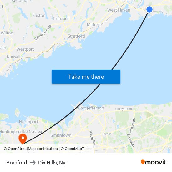 Branford to Dix Hills, Ny map