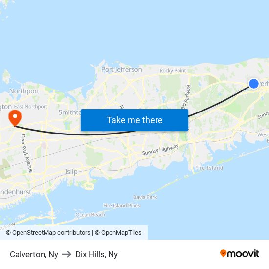 Calverton, Ny to Dix Hills, Ny map