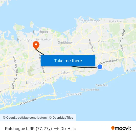 Patchogue LIRR (77, 77y) to Dix Hills map