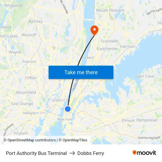 Port Authority Bus Terminal to Dobbs Ferry map