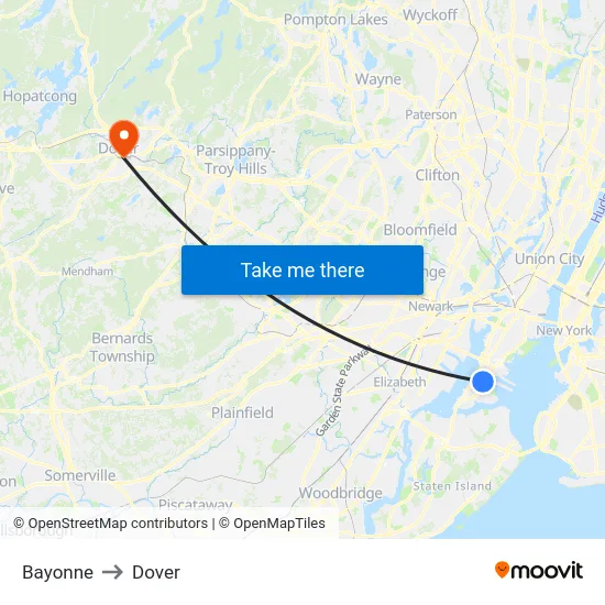 Bayonne to Dover map