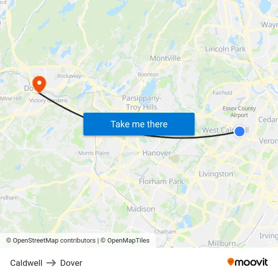 Caldwell to Dover map