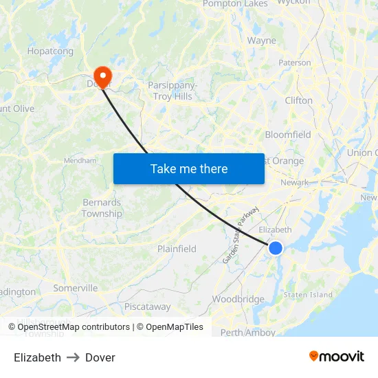 Elizabeth to Dover map