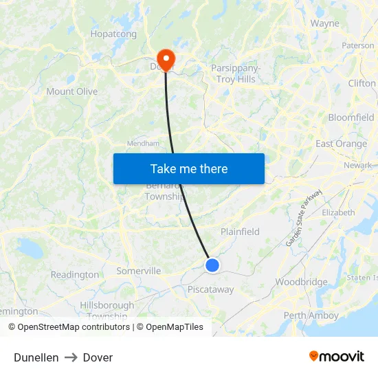 Dunellen to Dover map