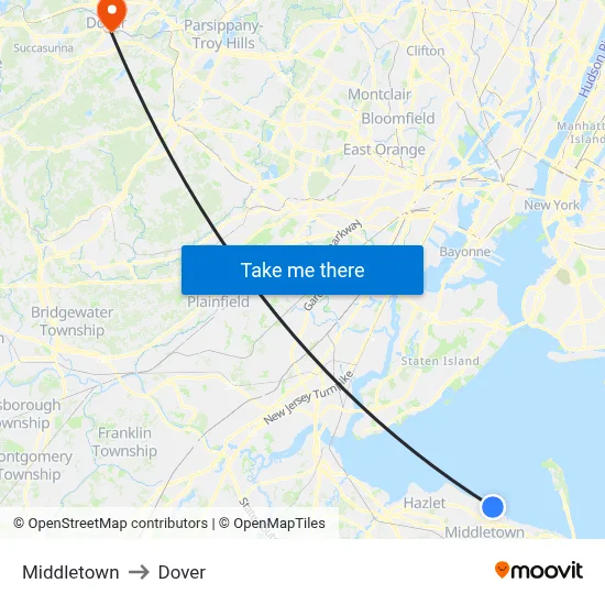 Middletown to Dover map
