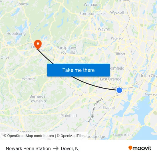 Newark Penn Station to Dover, Nj map