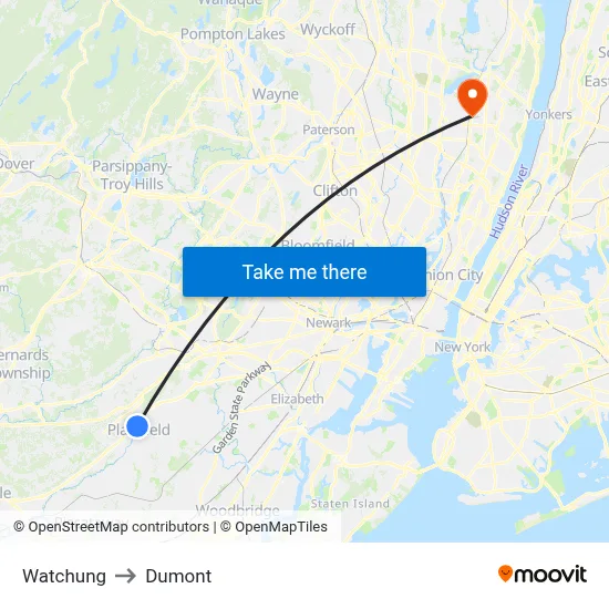 Watchung to Dumont map