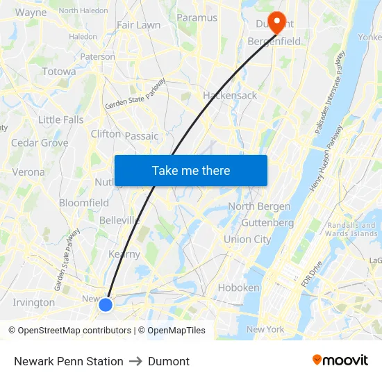 Newark Penn Station to Dumont map
