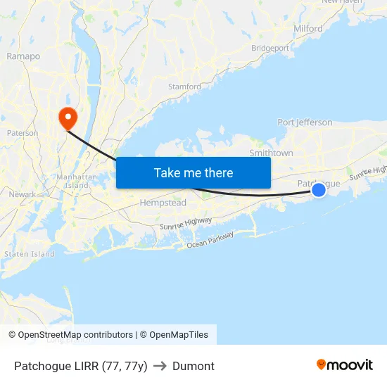 Patchogue LIRR (77, 77y) to Dumont map