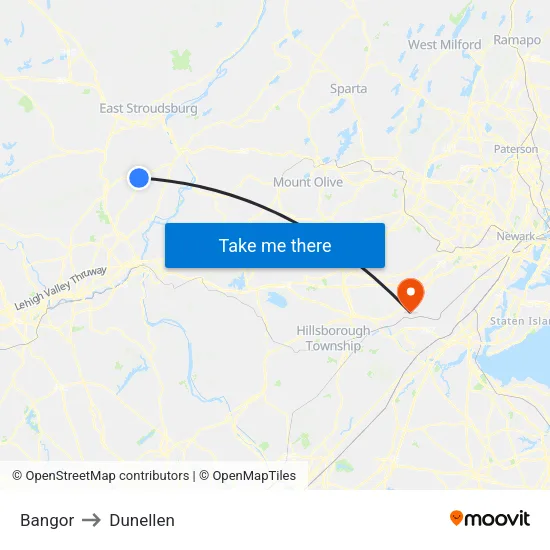 Bangor to Dunellen map