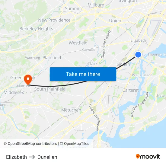 Elizabeth to Dunellen map