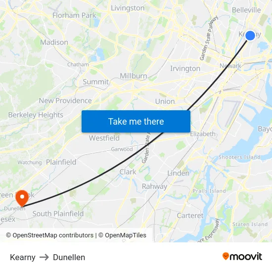 Kearny to Dunellen map