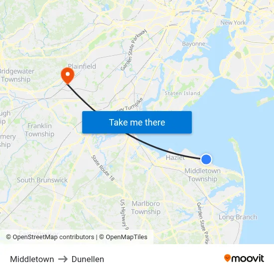 Middletown to Dunellen map