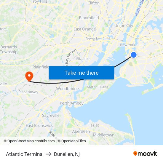 Atlantic Terminal to Dunellen, Nj map