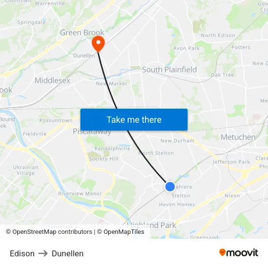 Edison to Dunellen map