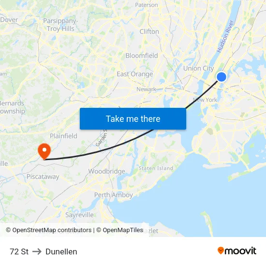 72 St to Dunellen map