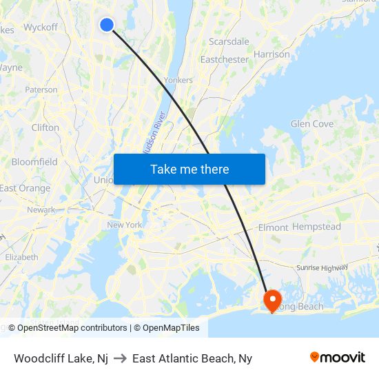 Woodcliff Lake, Nj to East Atlantic Beach, Ny map