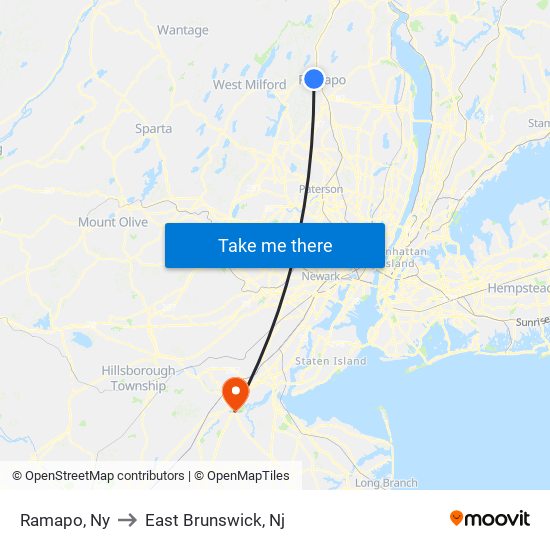 Ramapo, Ny to East Brunswick, Nj map