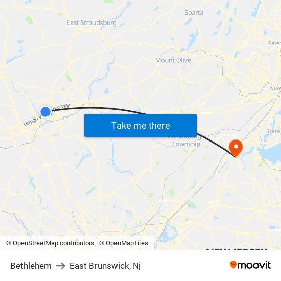 Bethlehem to East Brunswick, Nj map