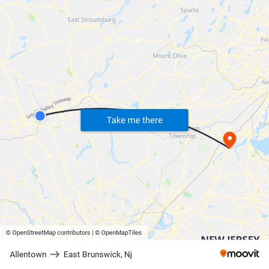 Allentown to East Brunswick, Nj map