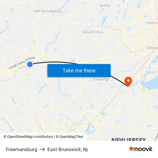 Freemansburg to East Brunswick, Nj map