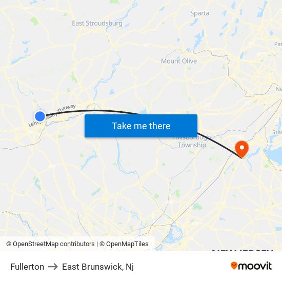 Fullerton to East Brunswick, Nj map