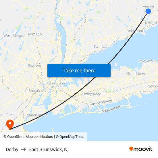 Derby to East Brunswick, Nj map