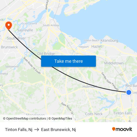 Tinton Falls, Nj to East Brunswick, Nj map