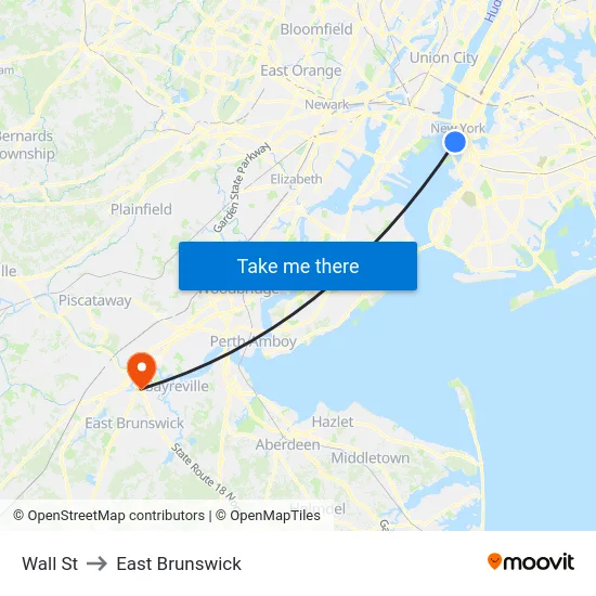 Wall St to East Brunswick map