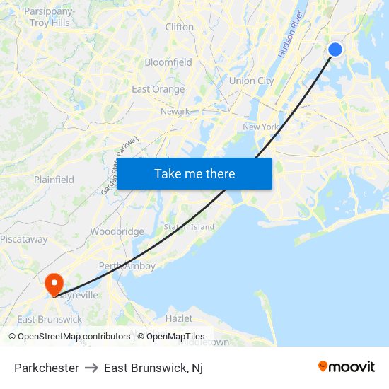 Parkchester to East Brunswick, Nj map