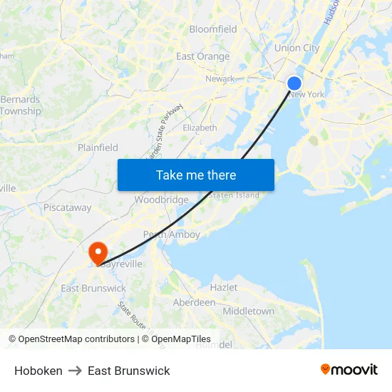 Hoboken to East Brunswick map