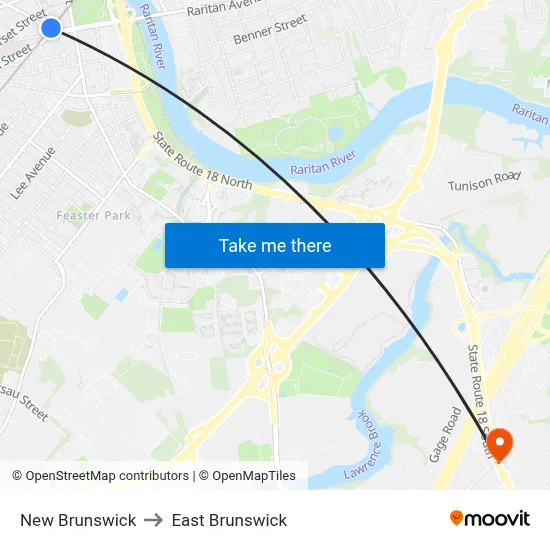 New Brunswick to East Brunswick map