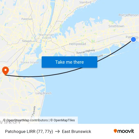 Patchogue LIRR (77, 77y) to East Brunswick map