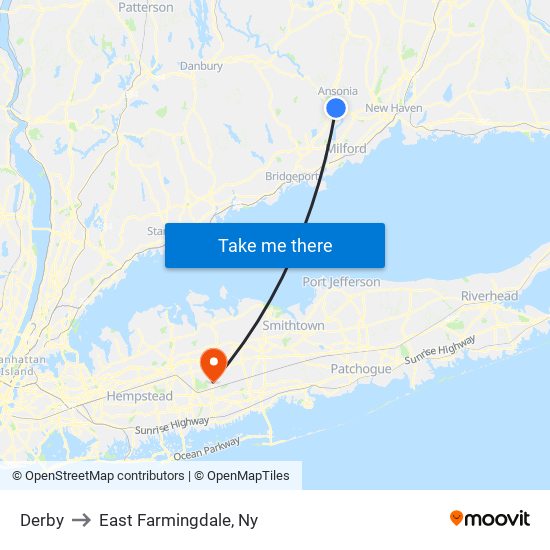 Derby to East Farmingdale, Ny map