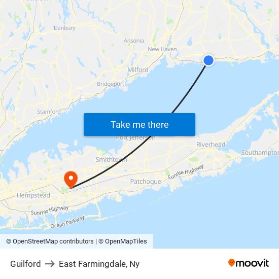 Guilford to East Farmingdale, Ny map