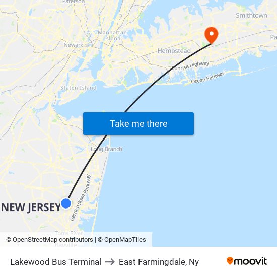 Lakewood Bus Terminal to East Farmingdale, Ny map