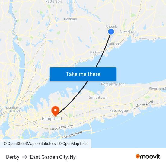 Derby to East Garden City, Ny map