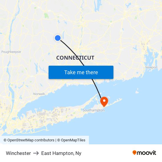 Winchester to East Hampton, Ny map