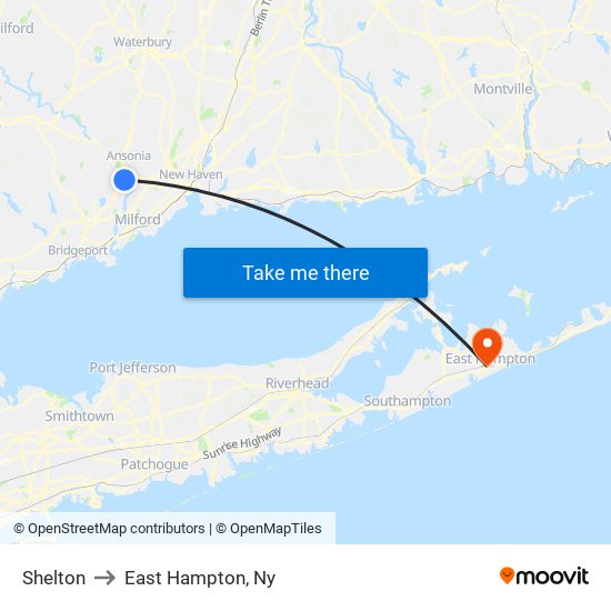 Shelton to East Hampton, Ny map