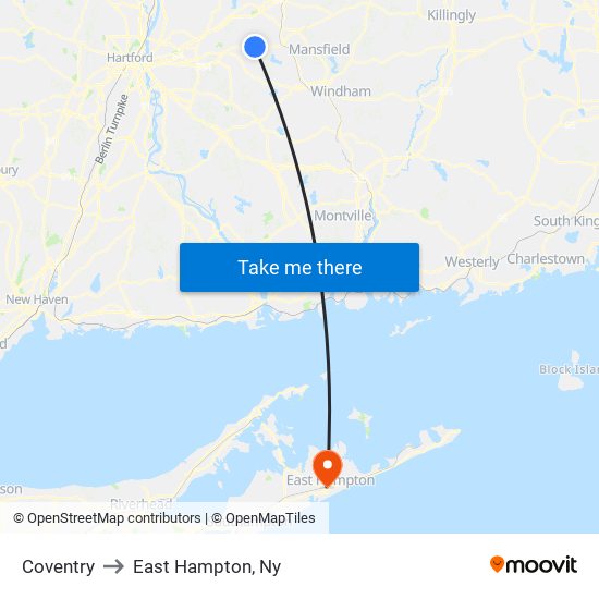 Coventry to East Hampton, Ny map