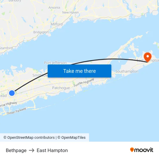 Bethpage to East Hampton map
